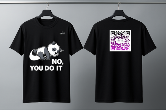 Black t-shirt with panda graphic and text 'NO, YOU DO IT' on a gray background